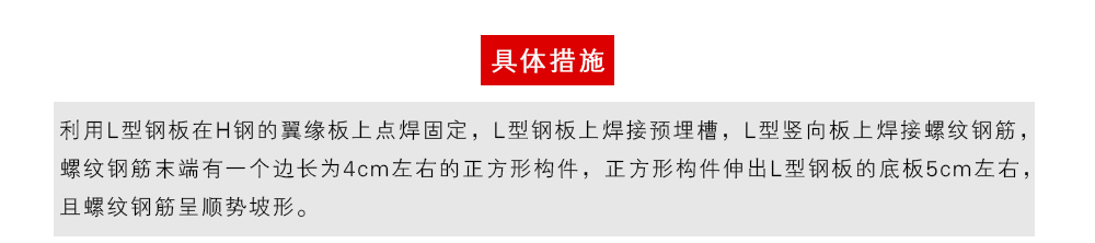 具体措施为：利用L型钢板在H钢的翼缘板上点焊固定，L型钢板上焊接预埋槽，L型竖向板上焊接螺纹钢筋，螺纹钢筋末端有一个边长为4cm左右的正方形构件，正方形构件伸出L型钢板的底板5cm左右，且螺纹钢筋呈顺势坡形。